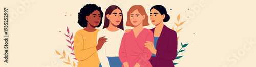 Horizontal vector banner with space for text for women's day, women of different cultures and nationalities standing together expressing support. Movements for gender equality and women's empowerment