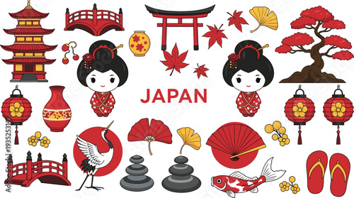 Japan Culture Cartoon Illustration Set with Geisha, Torii Gate, Pagoda, Lantern, Sakura Leaves and Traditional Japanese Symbols