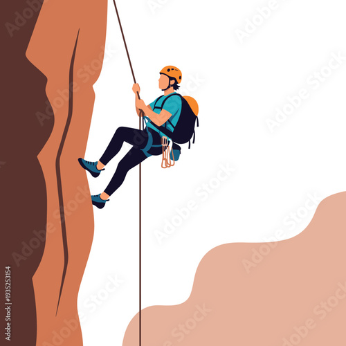 Professional rock climber equipped with a harness and helmet rappels down a steep desert cliff face against a minimalist landscape backdrop.
