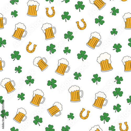 Traditional St. Patricks Day seamless pattern showcases golden beer mugs, green shamrocks, and lucky horseshoes on a clean white background.