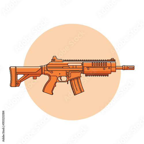 Detailed illustration of a modern assault rifle colored in a vibrant orange and tan palette set against a soft circular background element.