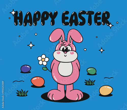 Trendy retro groovy style. Easter cartoon card in 90s retro style. Spring elements, rabbits, eggs, Christian holiday, Easter flowers. Vector groovy retro shape