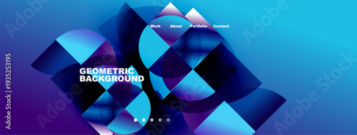Abstract geometric background features vibrant blue, purple hues. Navigation menu present with text labels. Modern design elements dominate composition.