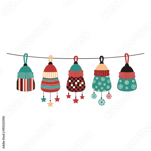 Festive winter garland features a row of colorful knitted beanies with snowflakes and hanging star ornaments for the holiday season.