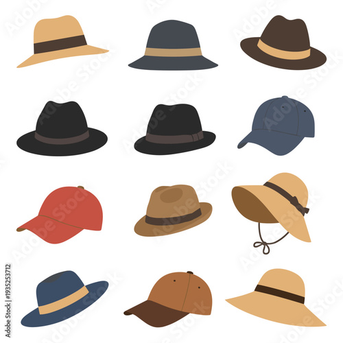 Selection of twelve different hats and caps including fedoras, baseball caps, and wide brimmed sun hats in various colors and styles.