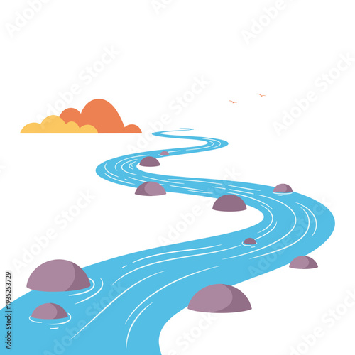 Winding blue river flows through a peaceful landscape with smooth purple rocks and distant orange hills under a bright clear sky with birds.