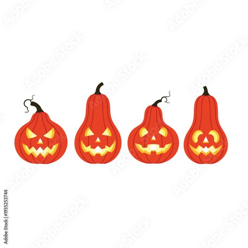 Four differently shaped Halloween jack-o-lanterns with glowing yellow faces and unique carvings are lined up in a row for a spooky theme.
