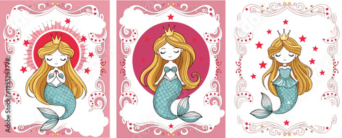 Cute Princess Mermaid Card Collection with Decorative Frames and Stars Fantasy Cartoon Vector Illustration Set