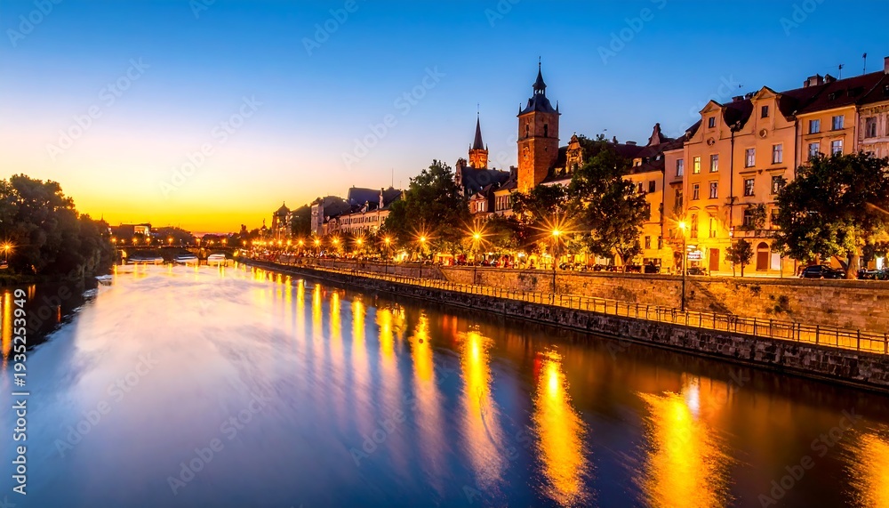 Fototapeta premium Cityscape at twilight with water reflecting city lights; old-style buildings illuminated against a colorful sky