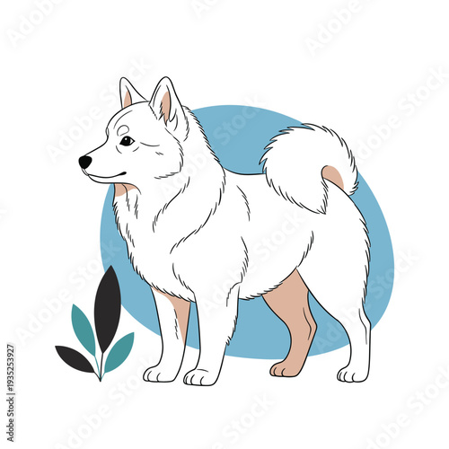 White Japanese Spitz dog standing proudly in profile against a simple blue circular background with small leaf accents.