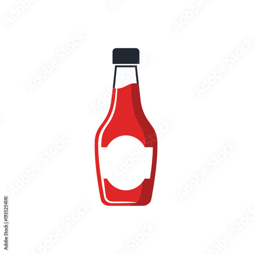Simple red ketchup bottle icon with a white label and black cap representing a common condiment or sauce used in cooking.
