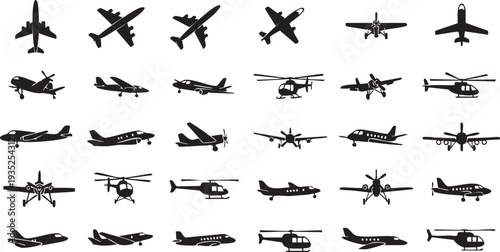 Black silhouettes of various airplanes and helicopters on white background 2