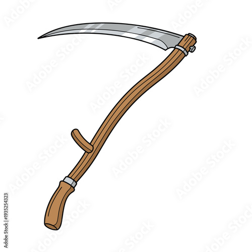 Traditional farming tool scythe with a sharp metal blade and a curved wooden handle shown on a white background.