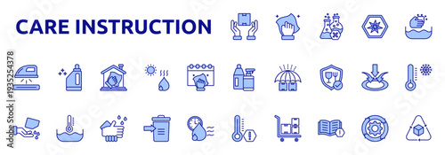 Care Instruction icon set color lineal style with handle with care, washing, ironing, bleaching, professional cleaning icons