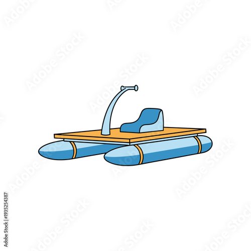 Simple blue and orange pedal boat or small catamaran designed for recreation on a lake or calm coastal waters.