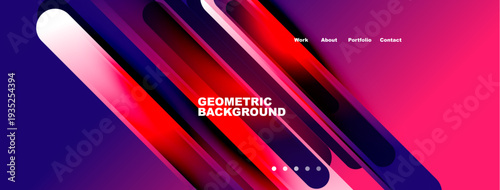 Dynamic abstract design. Vibrant gradients, geometric shapes create modern visual impact. Navigation menu present, text overlayed.