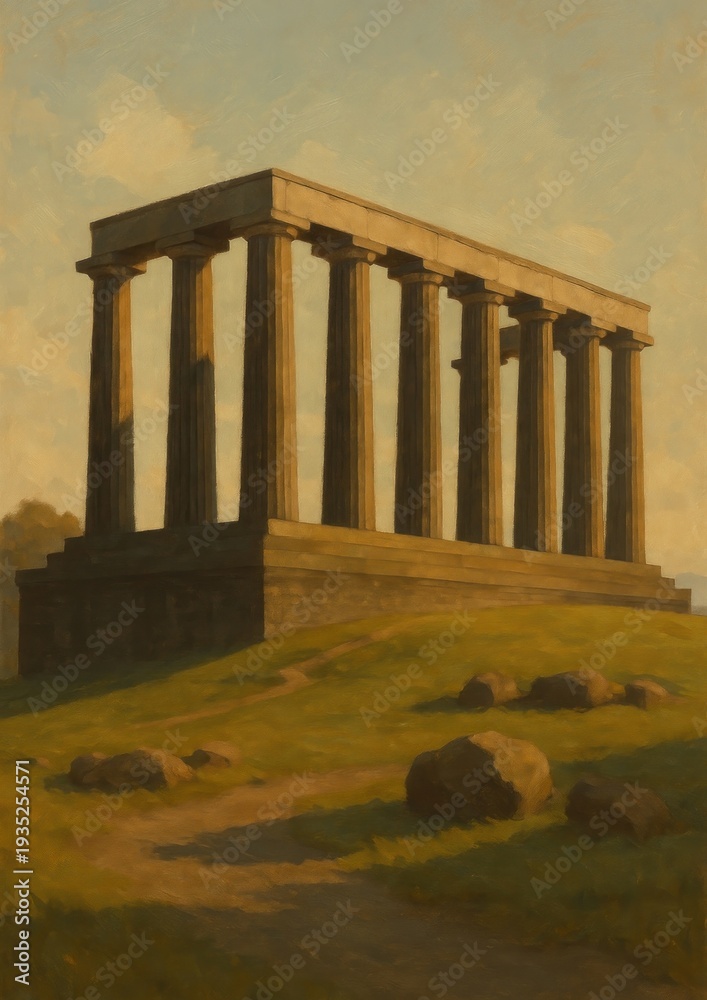 Obraz premium Ancient structure under golden sky.