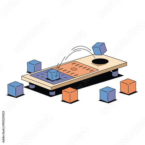 Perspective illustration of a wooden cornhole board with colorful blue and orange bean bags being tossed during a game.