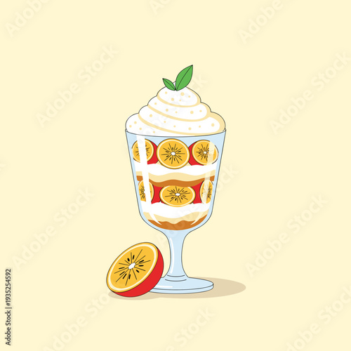 Elegant fruit parfait dessert in a tall glass featuring layers of fresh cream and orange slices with a mint garnish.