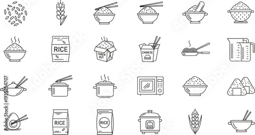 Asian food and rice cooking line icon set with bowls, chopsticks, kitchen utensils and ingredients outline vector collection