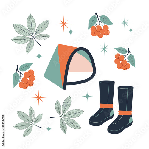 Colorful camping gear collection features a vibrant tent and sturdy boots surrounded by autumn leaves and bright rowan berries in the outdoors.
