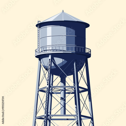 Massive industrial water tower structure stands tall against a plain cream background in a minimalist and clean architectural illustration.