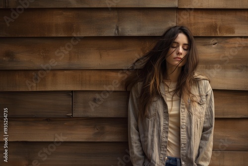 Young woman standing with eyes closed, experiencing calm and solitude against a rustic wood wall Free Download Young woman standing with eyes closed, experiencing calm and solitude against a rustic wood wall - GFXLoad