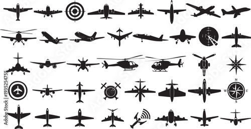 Black silhouettes of various airplanes and helicopters on white background