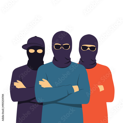 Group of three mysterious men wearing dark balaclavas and sunglasses stand confidently with their arms crossed against a plain white background.