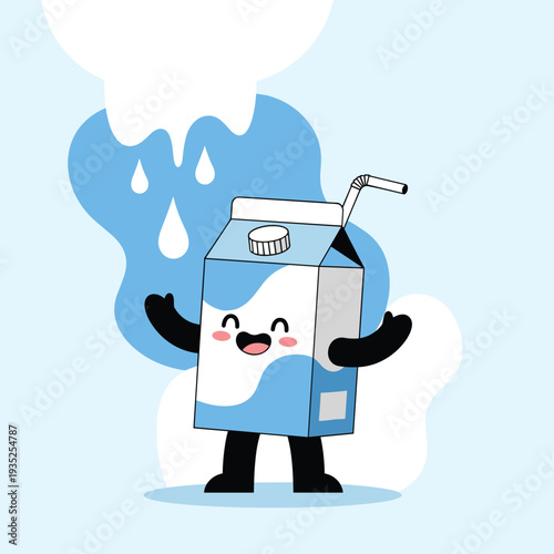 Happy cartoon milk carton character with a cute smiling face and a striped straw stands against a soft blue watery background with droplets.