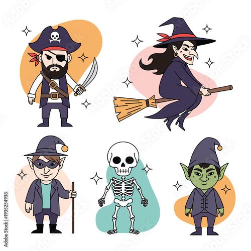Collection of classic Halloween characters including a pirate and witch along with a skeleton and wizard shown in a friendly cartoon style.