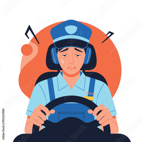 Exhausted police officer or security guard with dark circles under his eyes struggles to stay awake while driving a vehicle late at night.