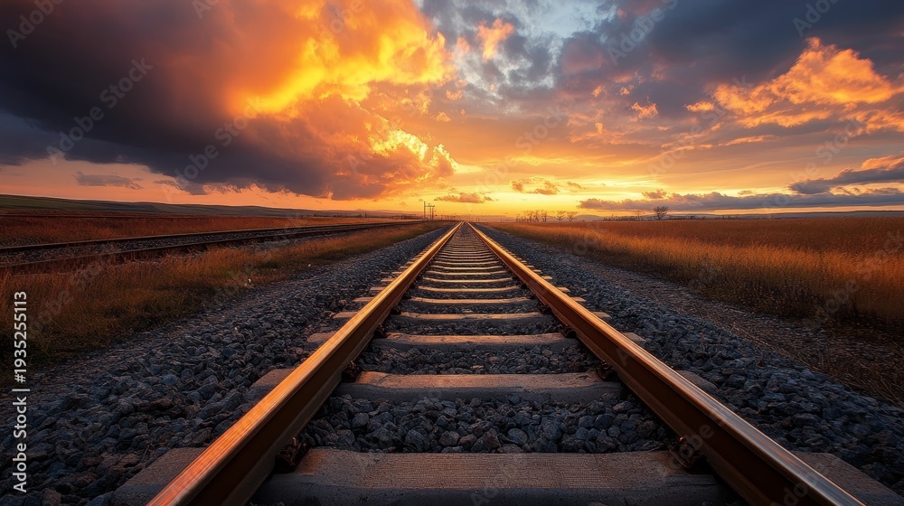 Obraz premium A captivating sunset illuminates the horizon, casting vibrant colors over railway tracks