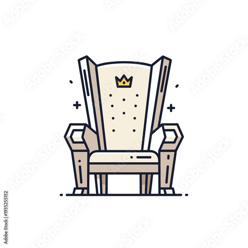 Grand royal throne chair with a crown emblem on the backrest stands in a clean and minimalist graphic style with decorative stars around it.
