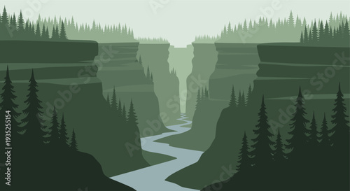 Vector illustration of a deep forest canyon with river flowing through, showcasing a tranquil outdoor scenery and a peaceful natural environment in shades of green.