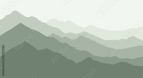A tranquil illustration of a layered mountain range receding into the distance, rendered in varying shades of muted green, creating a serene and calming visual, perfect for backgrounds.