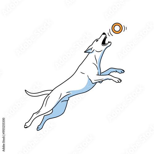 Energetic white dog leaps high into the air with its mouth wide open to catch a small orange flying ring toy in a dynamic action illustration.