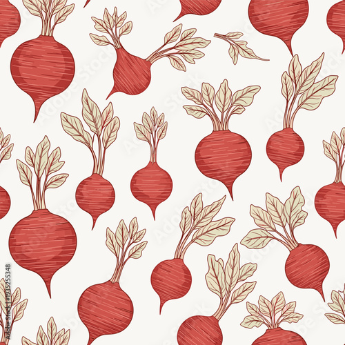 Seamless background pattern of hand drawn red beets with detailed green leaves and long roots on a light cream vintage style background.