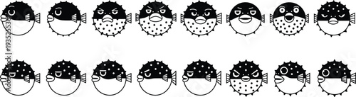 Puffer Fish Vector Icon Set, Cute Fugu Character with Different Facial Expressions and Emotions, Blowfish Mascot Silhouettes on White Background