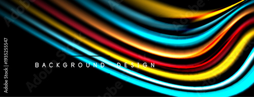 Abstract colorful waves flow across black background. Dynamic lines create modern design element. Smooth curves suggest movement, energy.