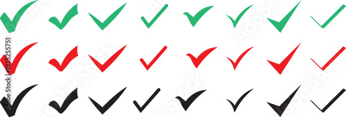 Green check mark and red cross icon set, professional success and failure symbols, minimalist vector, technology symbols set ,green checkmark isolated on white