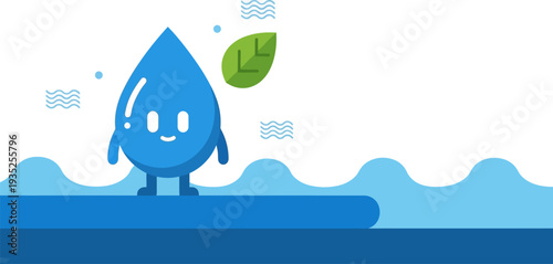 Cute cartoon water droplet character with a leaf on its head standing on wavy water, representing nature and sustainability