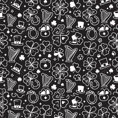 St. Patrick's Day seamless pattern. White line art Irish icons including shamrocks, harps, horseshoes, and leprechaun hats on a black background.