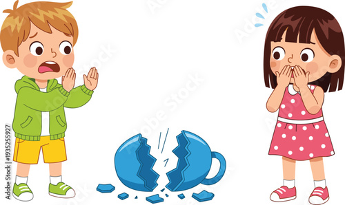 Children Arguing After Breaking Cup Accident Cartoon Vector Illustration, Upset Kids with Shattered Mug Isolated on White Background