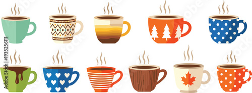 Collection of colorful coffee cups with steam, cozy flat vector illustration of hot drink mugs isolated on white background