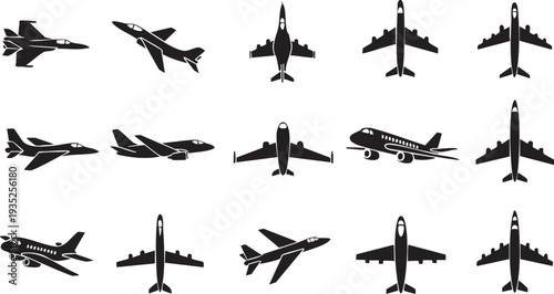 Black silhouettes of various airplanes on white background fighter jets