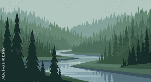 Flat vector landscape illustration of a tranquil forest with a winding river and evergreen trees in muted green tones, creating a peaceful and nature themed background.