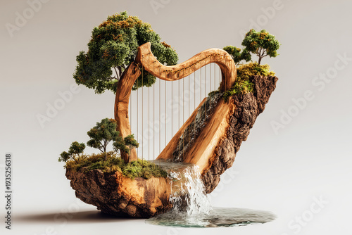 A harp made from living trees and natural elements. Harmony with nature. Sustainable development. Respect for the planet.
