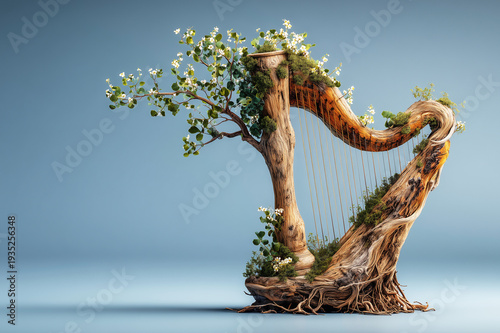 A harp made from living trees and natural elements. Environmental initiatives. Green energy companies.