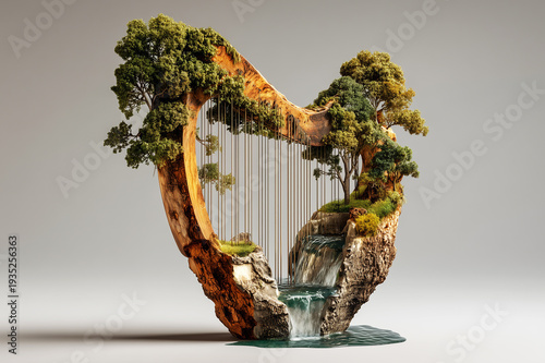 A harp made from living trees and natural elements. Respect for the planet. A balance between technology and nature. 